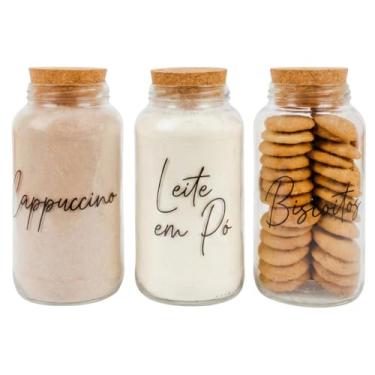 Imagem de Kit Cantinho do Café - 3 Potes de Vidro 810ml com Tampa Rolha de Cortiça (Cappuccino, Leite em Pó e Biscoitos)
