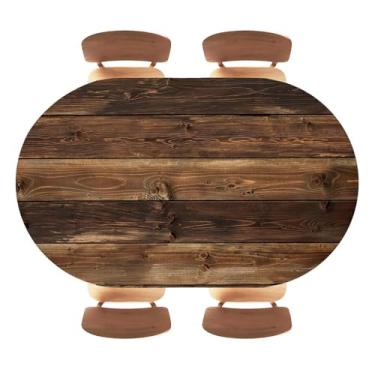Imagem de Toalha de mesa oval ajustada de grão de madeira com borda elástica toalhas de mesa marrom para sala de jantar interna, cozinha, festa ao ar livre, banquete, pátio, adequado para mesas de 121 x 162 cm