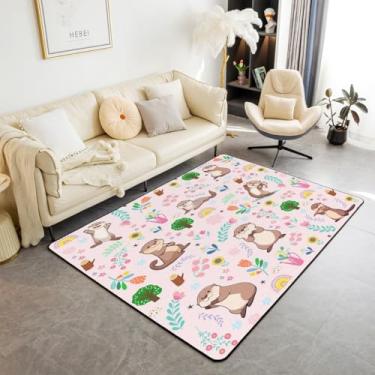 Imagem de jejeloiu Tapetes de lontras marinhas de sala de estar para quarto, 7 x 12 cm, para crianças, adolescentes, meninas, mulheres, folhas de flores, estampa de plantas, tapete macio, fofo, desenho animado