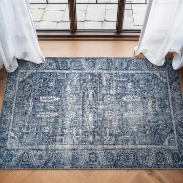 Imagem de Bloom Rugs Tapete lavável antiderrapante 91 x 152 cm - Tapete de área persa tradicional azul para sala de estar, quarto, sala de jantar e cozinha - Tamanho exato: 91 x 122 cm