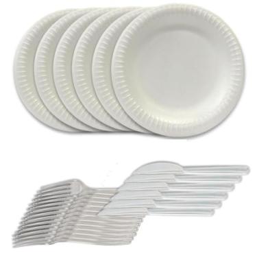 Imagem de Kit Descartável para Churrasco e Festas - Opções 50/100/200 Unidades, Pratos de Isopor + Garfos + Facas Resistentes (100)