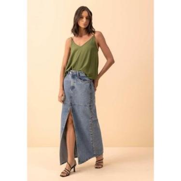 Imagem de Saia Jeans Longa De Cintura Alta Com Fenda E Aplicações-Feminino