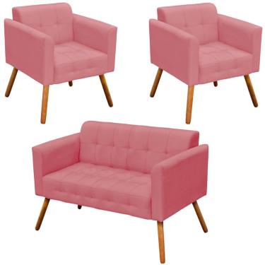 Imagem de Conjunto 2 Poltronas e 1 Namoradeira Pés Palito Karen Suede Rosê - Gran Belo