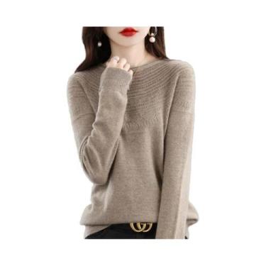 Imagem de Suéter Feminino De Lã Merino 100% Tricotado Com Gola Redonda E Detalhe