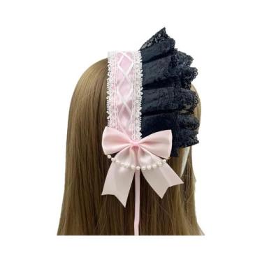 Imagem de Tiara Feminina Sweet Lolita Com Babados, Laço De Renda E Fitas, Com Gr