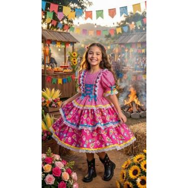 Imagem de Vestido Bella Child Junino Quermesse Chique Pink - Tecido Tecno Sporti