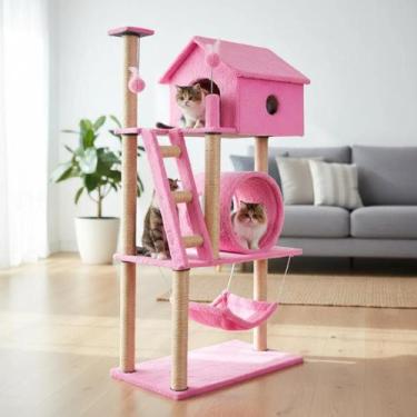 Imagem de Arranhador Gato Casa Três Andares com Rede e Escada e Túnel Exclusivo 