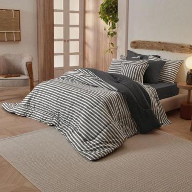 Imagem de Jogo de Cama King Luar Diamante Listrado Cinza 150 Fios Algodão Teka