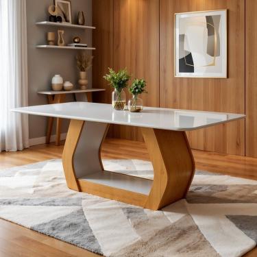 Imagem de Mesa de Jantar 6 Lugares Retangular Tampo Mdf/vidro 160x80cm Laini Amêndoa Clean/Off White