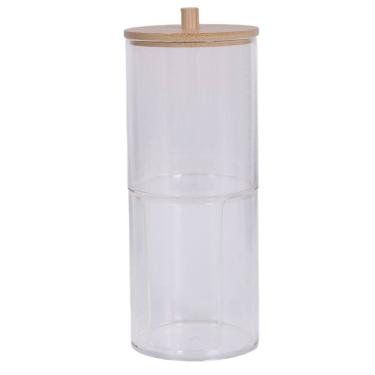 Imagem de Porta Cotonetes Algodão Acrílico Organizador Duplo Tampa Bambu