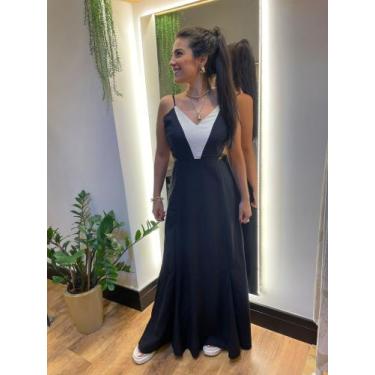 Imagem de Vestido de alça Feminino/Tecido em linho /Cor preta com detalhe branco