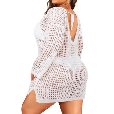 Imagem de Aqua Eve Saída de praia feminina plus size - Saída de praia de manga comprida de crochê 2025 preto, Branco, 24 Plus Size