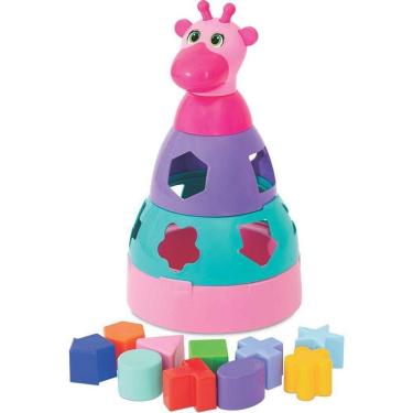 Imagem de Brinquedo Educativo Girafa Didática com Blocos de Encaixe Geométrico Rosa Mercotoys