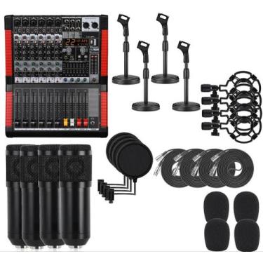 Imagem de Kit Podcast Profissional Completo Mesa Mixer 6 Canais Pedestal Microfo