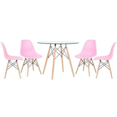 Imagem de Mesa Redonda Eames Com Tampo De Vidro 90 Cm + 4 Cadeiras Eiffel Dsw Rosa Claro