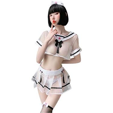 Imagem de SINMIUANIME Roupa íntima feminina uniforme escolar feminino sexy saia curta gato e coelho traje cosplay feminino (7036branco)