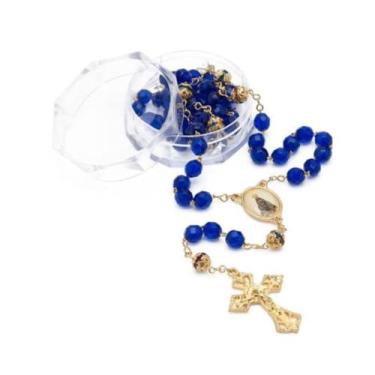 Imagem de Terço Cristal Vidro 8mm Azul Dourado Nossa Senhora Aparecida