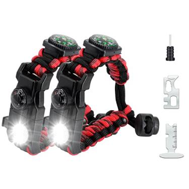 Imagem de NVioAsport Pulseira de paraquedista de sobrevivência 20 em 1, kit de engrenagem ajustável com luz LED SOS, acendedor de fogo, bússola maior, apito de sobrevivência, perfeito para acampamento, caminhada, pesca (2 peças vermelhas) e pretas..