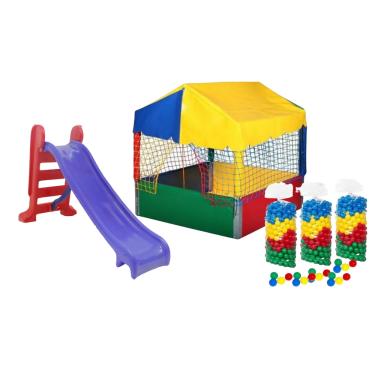 Imagem de Brinquedos Playground Escorrrega 3 Degraus+500 un Bolinhas Resistentes 76mm+Casinha de Bolinhas 1x1 Infantil-kit Parquinho Completo