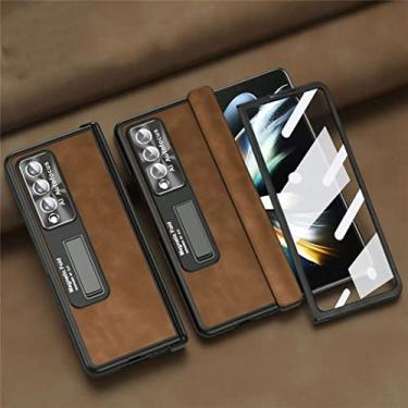 Imagem de FIRSTPELLA Capa compatível com Samsung Z Fold 4, capa traseira de couro de luxo com moldura de lente de textura de CD de metal e lente de vidro, capa de telefone de proteção magnética de dobradiça marrom