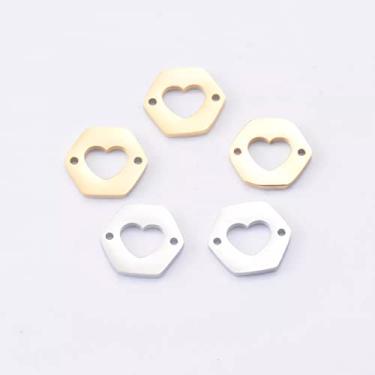 Imagem de CNBPIC 5Pcs/Lot Hexágonos de Aço Inoxidável Forma Charmes 2 Buraco Oco Conector de Coração Para Diy Pingente Colar Joias Fazendo