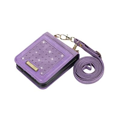 Imagem de Capa de celular Bling Glitter Crossbody para Samsung Galaxy Z Flip 4 3 5G Flip4 Flip3 Slot para cartões de crédito Capa de couro com cordão, roxo, para Galaxy Z Flip4 5G