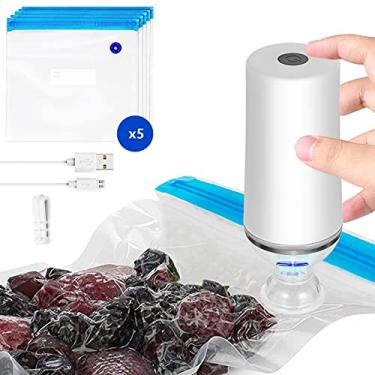 Imagem de VICARKO Selador de alimentos a vácuo, selador salvador, bomba portátil recarregável por USB, para Sous Vide e armazenamento de alimentos, com 5 sacos de vácuo com zíper reutilizáveis, compatível com máquina Sous Vide Anova Joule