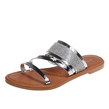 Imagem de Sapatos de verão respiráveis sandálias abertas de dedo do pé sandálias femininas de praia com strass sandálias femininas bronze para mulheres elegantes (prata, 38)