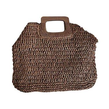 Imagem de Bolsa de palha feita à mão com tecido transversal, bolsa de ombro para mulheres e mulheres (marrom escuro)