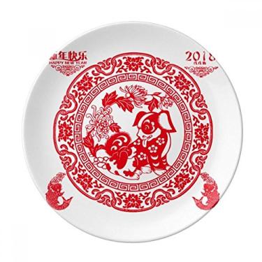 Imagem de Prato de jantar de porcelana decorativa de corte de papel para cães de ano novo chinês