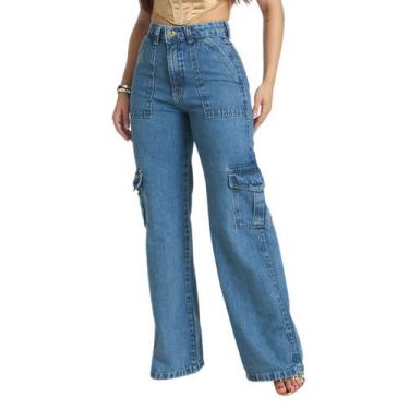 Imagem de Calça Jeans Wide Leg Cargo Feminina Cintura Alta - Useconf