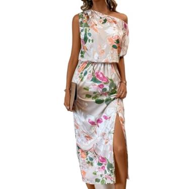 Imagem de Camisa Feminina Floral Print One Shoulder Split Thigh Dress (Color : Multicolor, Size : CH)