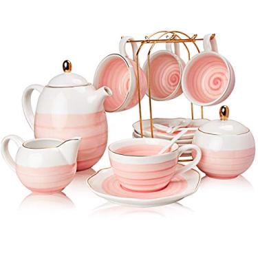 Imagem de Sweejar - Conjunto de Chá de Porcelana, Café, Açúcar, Coador, Festa à Tarde, Rosa, 225 ml