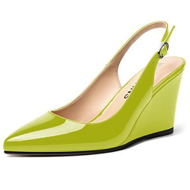 Imagem de WAYDERNS Sapato feminino bico fino tira ajustável tira no tornozelo moda namoro fivela Slingback sólida patente cunha salto alto sapatos 3,3 polegadas, Amarelo, verde, 10.5