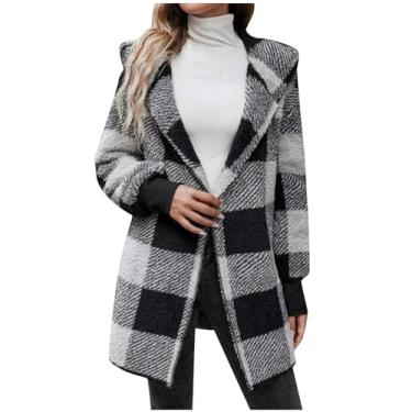 Imagem de Casaco feminino xadrez felpudo casual lapela manga longa botão casaco feminino inverno quente grosso aconchegante jaqueta de lã sherpa, 03#preto, XXG