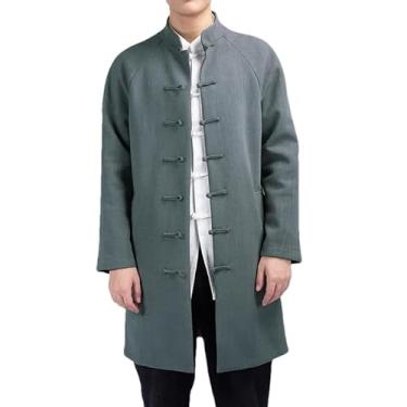 Imagem de KANG POWER Jaqueta masculina estilo nacional chinês longo corta-vento jaqueta masculina moda urbana jaqueta quimono vintage primavera casaco, Cinza escuro 9, M