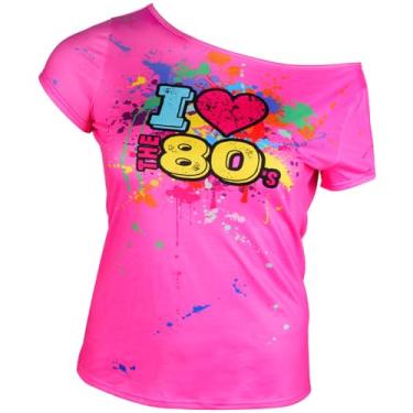 Imagem de Roupa feminina dos anos 80 plus size I Love The 80's Costumes 80 camiseta tomara que caia roupas neon superdimensionadas, Vermelho rosa, Large
