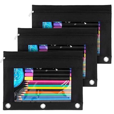 Imagem de Estojo de lápis com 3 anéis e estojo transparente com zíper para fichário de 3 anéis, preto, pacote com 3