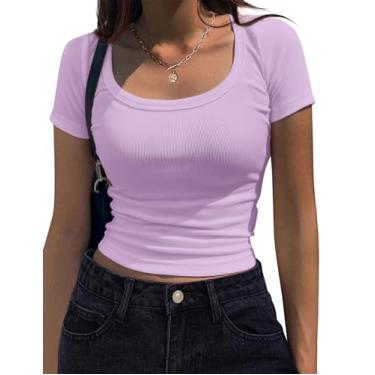 Imagem de Zeagoo Camisetas femininas de manga curta gola quadrada moda verão malha canelada camiseta básica vinho