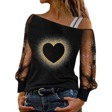 Imagem de Camiseta feminina estampada Dia dos Namorados Love Heart Graphic Tees Camiseta Slim Fit Raglans Tops manga longa, Amarelo, M