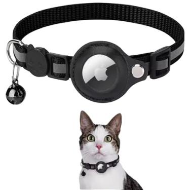 Imagem de Coleira Anti Perda Pet De Nylon Com Capa de Couro Para Rastreador Airtag ou Identificador, Com Detalhes Reflexivos E Sininho, Recomendável para Gatos e Cachorros (Porte Pequeno) (Preto)