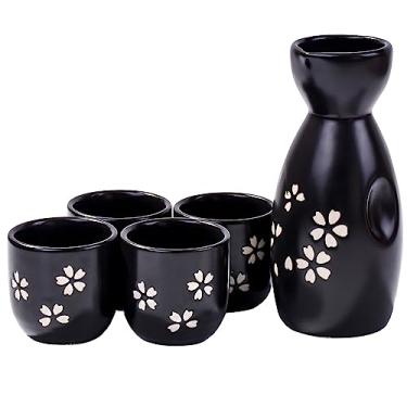 Imagem de BOSILI Conjunto de saquê japonês de cerâmica, 1 garrafa de saquê e 4 copos de saquê, 5 peças, estilo flor de cerejeira preta para saquê e vinho (preto)