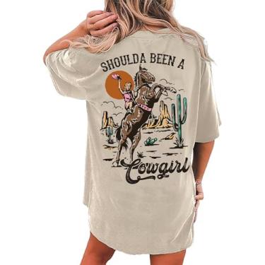 Imagem de BOMYTAO Camiseta feminina grande Cowgirl Should A Been A Cowgirl camiseta com estampa ocidental Rodeo Country Western Shirts, Caqui, G