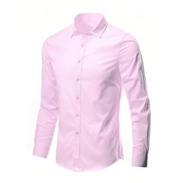 Imagem de Camisas masculinas clássicas, sem ferro, slim fit, stretch, manga comprida, camisa social masculina, festa de casamento, trabalho, negócios, camisa casual com botões,3XL,Pink