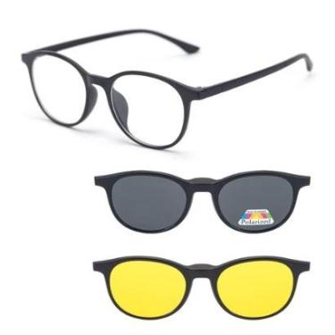Imagem de Armação De Óculos Masculino + 2 Clip On Óculos De Sol Troca Lentes 3 Em 1 Proteção UV Polarizado-Masculino