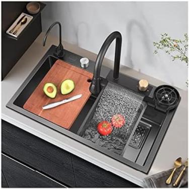Imagem de Pia de cachoeira nano preta com lavadora de copo de vidro para estação de trabalho pia de cozinha casa de fazenda com torneira removível combo de aço inoxidável tigela única barra de utilidade para