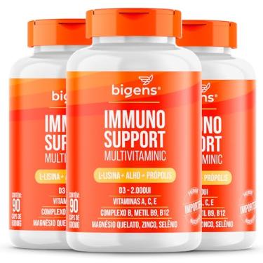 Imagem de Immuno Support Multivitaminic com L-lisina, alho, própolis, Vitamina A, C, E, D3, Zinco, B9, B12, Magnésio & Selênio Bigens, 90 Cápsulas (Kit 3)