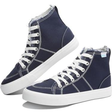 Imagem de Obtaom Tênis feminino de linho de cano alto para brincar com cano médio, tênis casual de lona com cadarço, Azul marino, 5