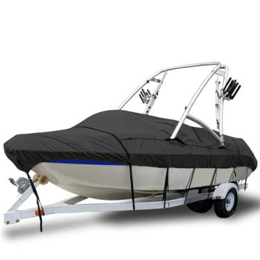 Imagem de Eliteshield Capa de barco 100% à prova d'água para torre de esqui e wakeboard, resistente a desbotamento e rasgos, serve para V-Hull Runabout com torres de esqui/wakeboard, preto 17'-19'L, largura do