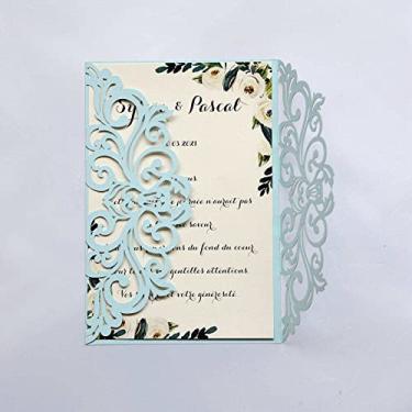 Imagem de 25 cartões de convites de casamento com corte a laser azul claro com envelopes, folhas internas em branco, fitas para chá de noiva, convites de quinze anos, noivado, aniversário